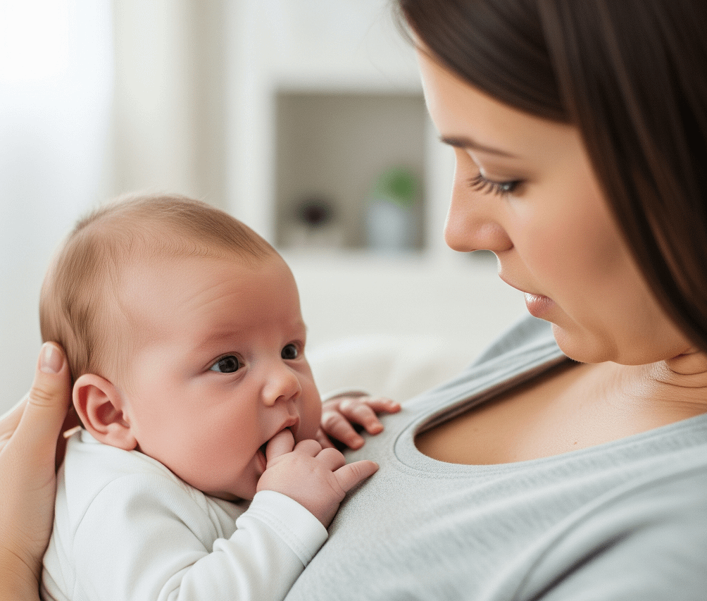 Your Go-To Guide for Breastfeeding Success: A close-up of a mother gazing at her baby, who is sucking on their thumb while being held against her chest. The baby has light brown hair and big eyes, and the mother has long dark hair and is wearing a grey top. The background is softly blurred with light-filled space.