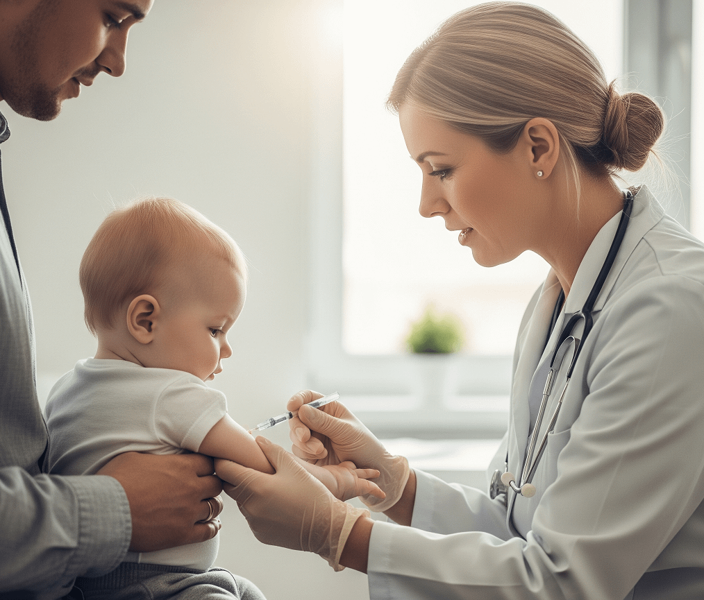 A healthcare professional in a white coat is administering a vaccination to a baby while the baby's father supports the child. The setting is a bright medical office with natural light.