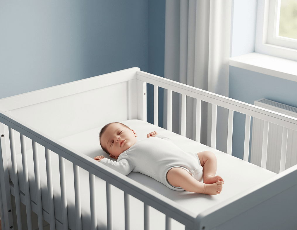 A sleeping baby in a white crib, wearing a white onesie, with arms and legs positioned comfortably, in a softly lit room with light blue walls and a window with curtains.