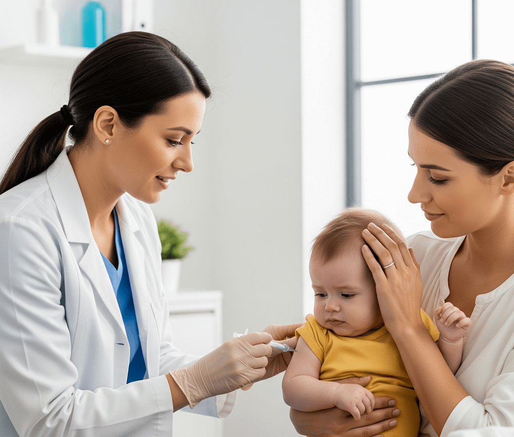 A healthcare professional in a white lab coat is administering a vaccine to a baby held by a mother, who is gently caressing the baby's head for comfort. The scene is set in a bright, modern medical office.