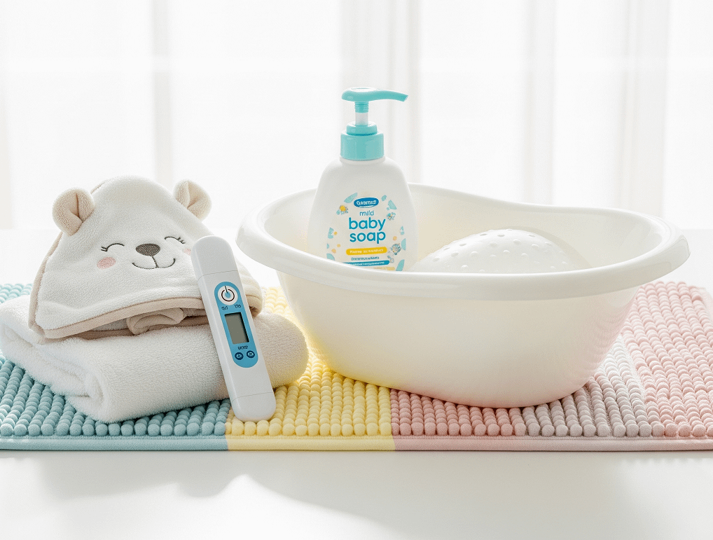 A white baby tub sits on a pastel-coloured mat, surrounded by a bear-themed towel, a digital thermometer, and a bottle of mild baby soap, with soft natural light from a window.