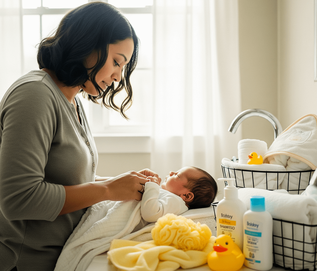A woman gently interacts with an infant on a changing table, surrounded by baby care products, towels, and a yellow rubber duck, with natural light filtering through a nearby window.