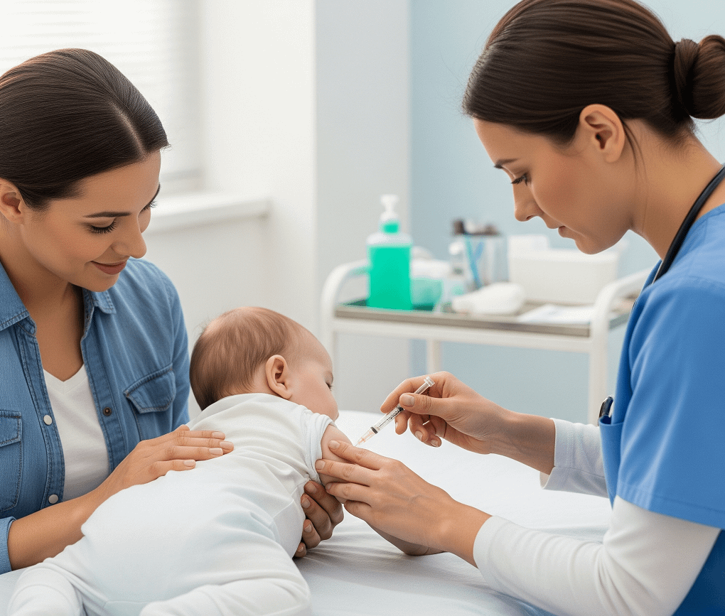 A healthcare professional administers a vaccine to a baby while a mother sits beside them, observing and supporting the child during the procedure in a clinical setting.