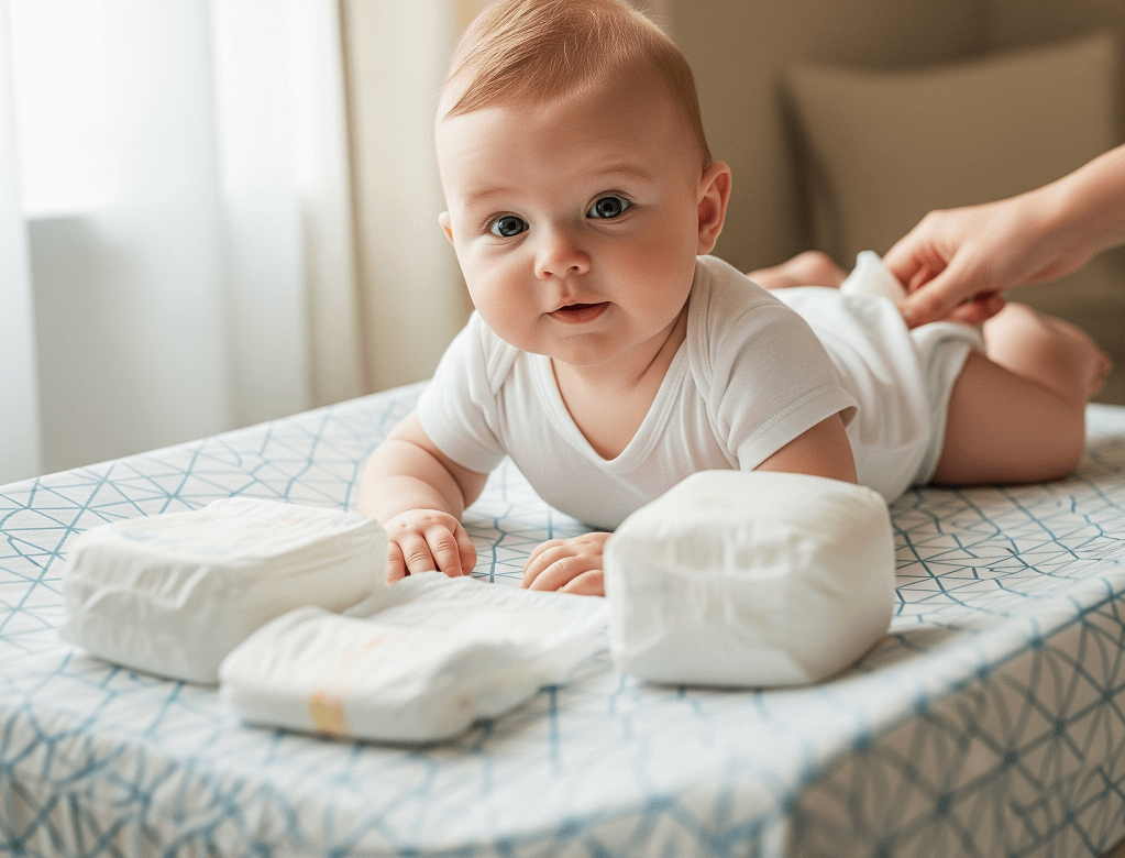 Your Go-To Guide for Nappy Changing: A baby with short hair and wearing a white onesie is lying on a patterned changing table, looking curiously at the camera, while an adult hand prepares to change the baby's diaper, with several clean diapers placed nearby.