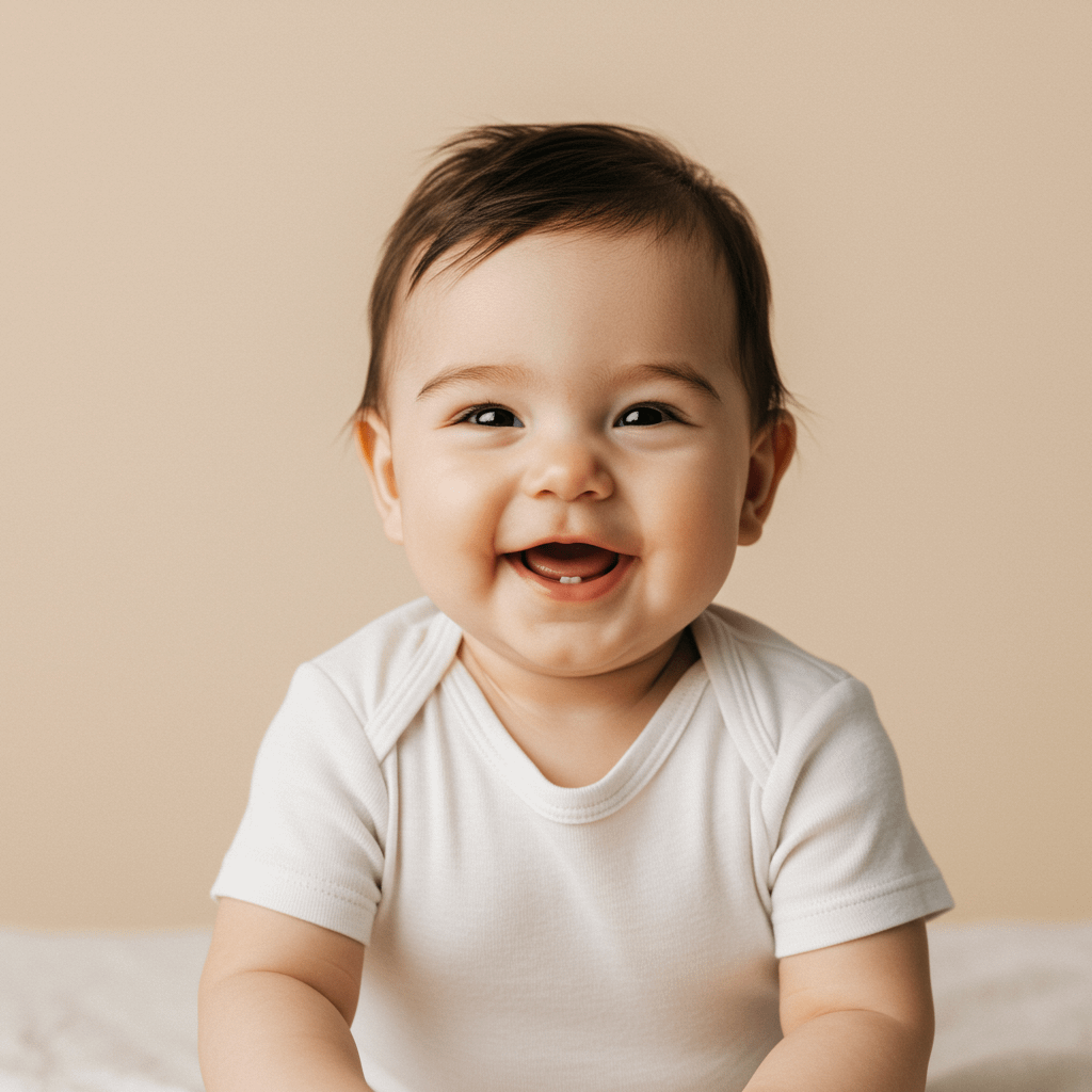 A smiling baby with short, dark hair wearing a light-coloured onesie, sitting against a soft beige background.