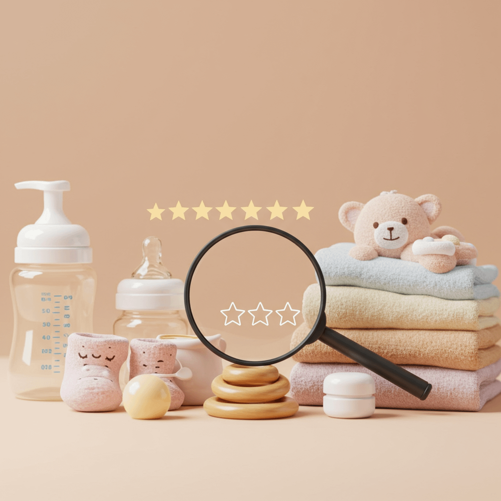 A flat lay arrangement featuring baby care items including bottles, soft towels in pastel colours, a magnifying glass focusing on star ratings, and a cute teddy bear figurine, all set against a beige background.