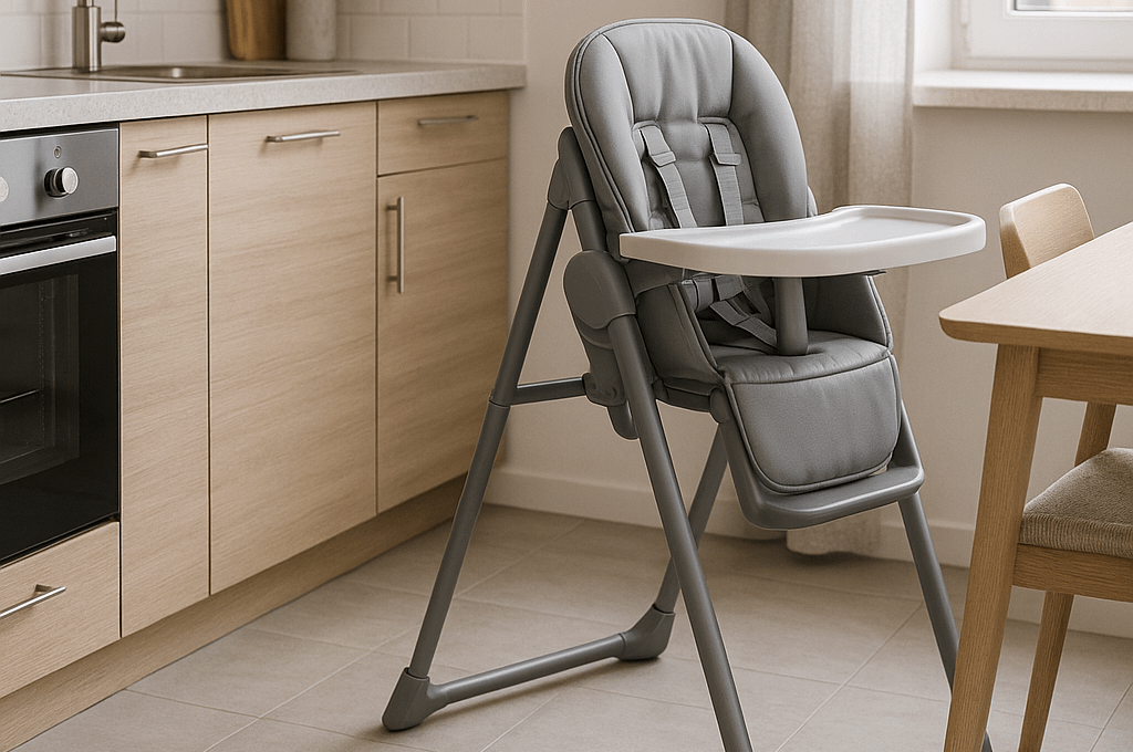 Best Highchairs for Small Spaces: A grey high chair with a meal tray is positioned in a modern kitchen, featuring wooden cabinets, a light-coloured countertop, and a window with natural light coming through. There is a small plant and a wooden cutting board on the countertop, and a dining chair is visible nearby.