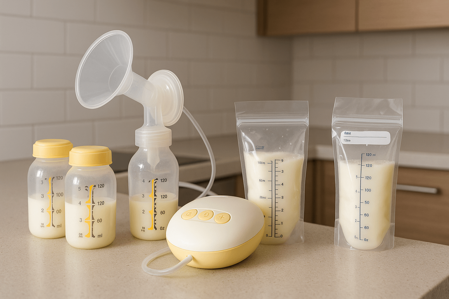 A breast pump with a collection bottle is placed on a countertop alongside three bottles and two bags of expressed breast milk, all measured in millilitres, set in a modern kitchen.