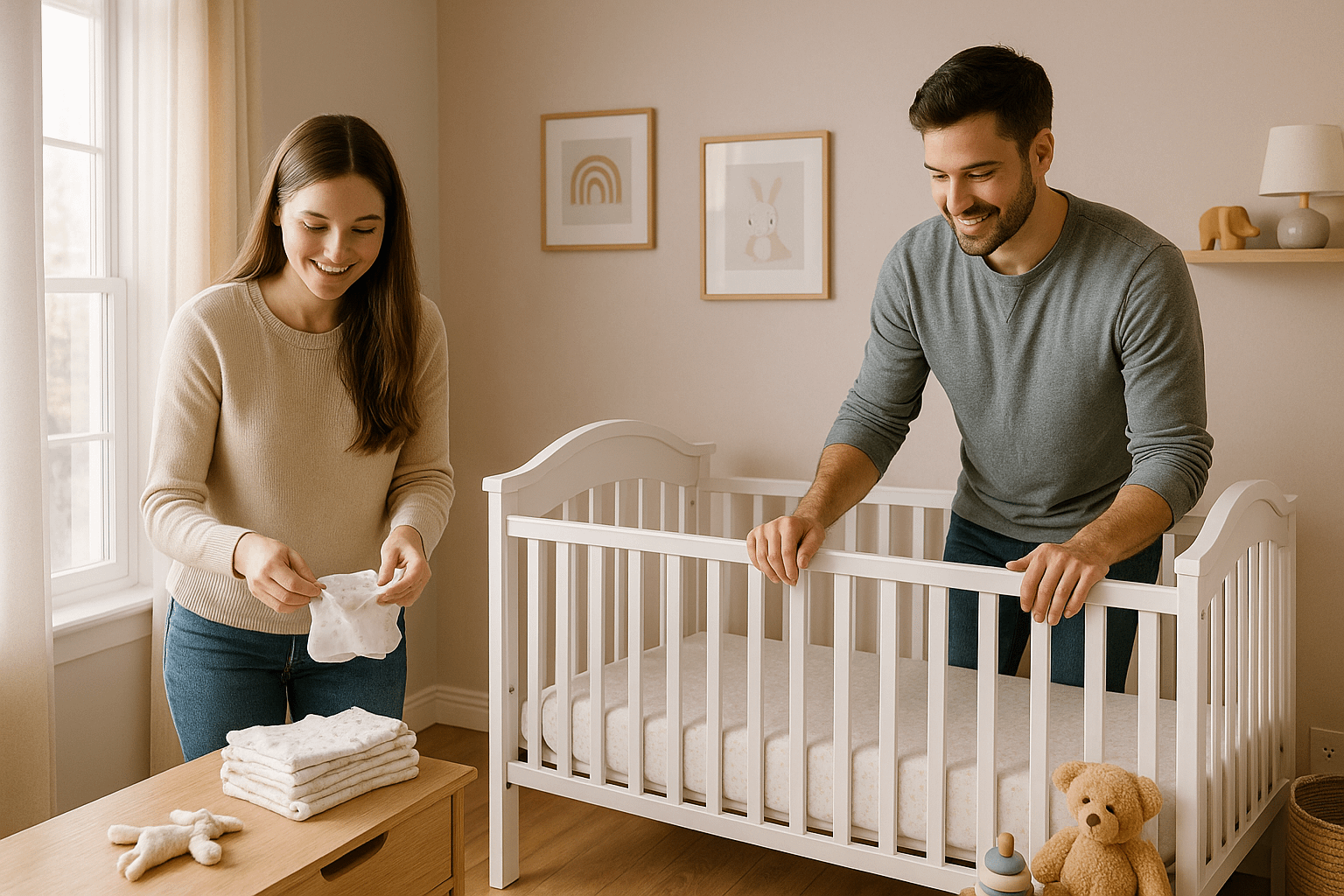 How to Prepare Your Home for a Newborn: A young couple prepares a nursery; the woman, wearing a beige sweater, folds a cloth while smiling, and the man, in a grey sweater, leans on a white crib, both in a soft-pink decorated room.