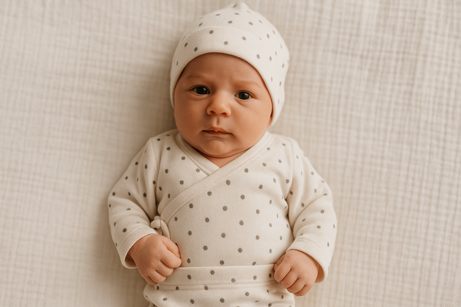 Choosing the Right Baby Clothes: A baby lying on a textured surface, wearing a cream-coloured outfit with grey polka dots and a matching hat, looking directly at the camera with a serious expression.