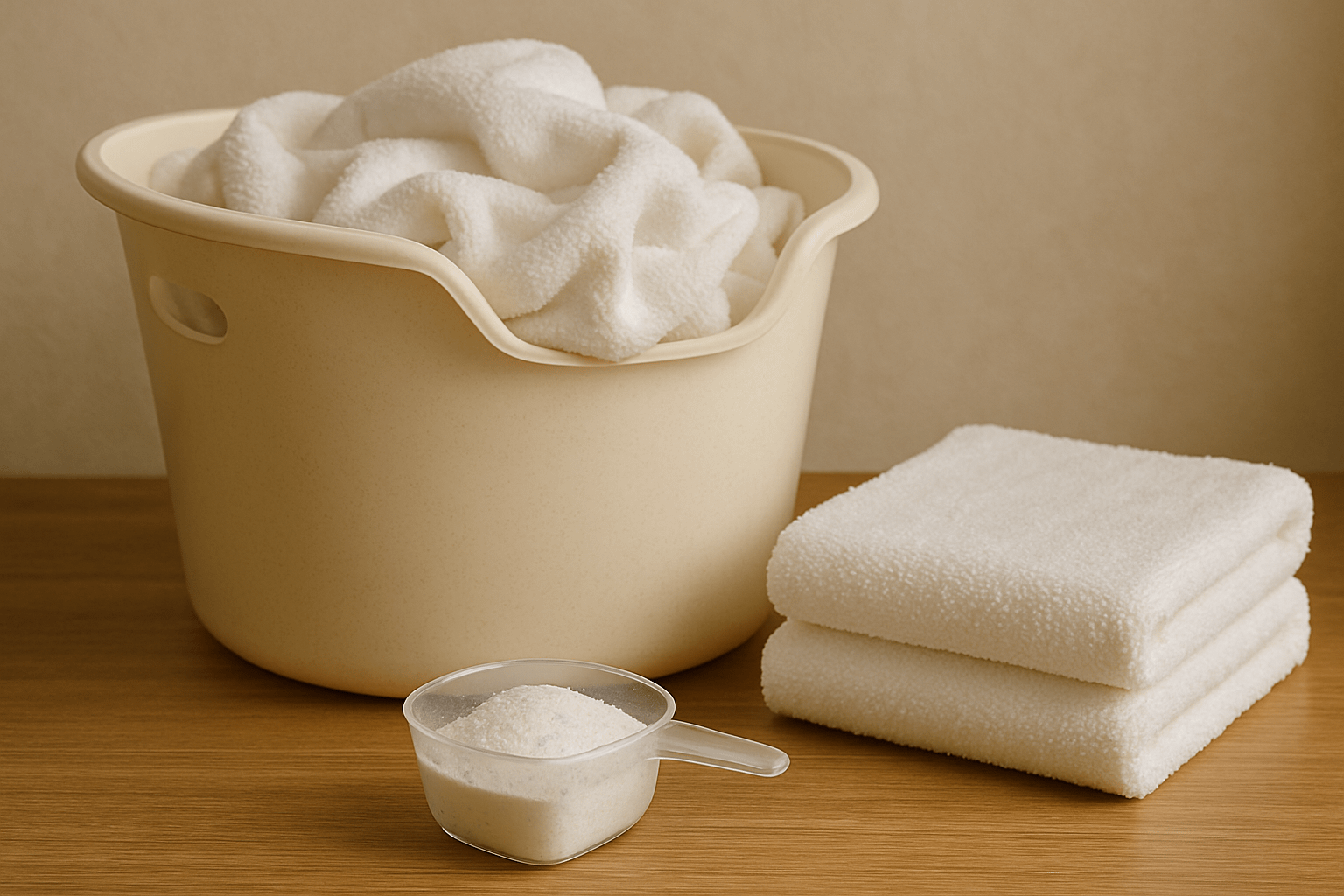 Baby Laundry: A beige plastic basket filled with fluffy white towels, next to two neatly folded white towels and a measuring cup containing white powder, all set on a wooden surface.