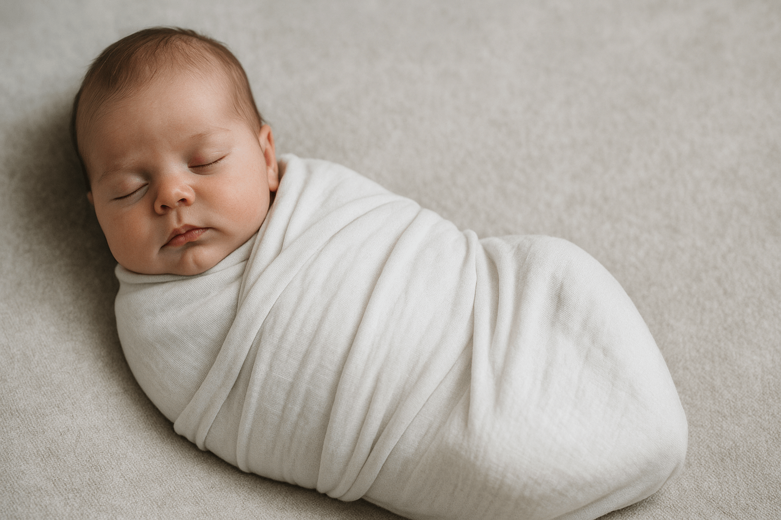 Best Baby Swaddles: A sleeping baby wrapped in a soft, white blanket lies on a light grey surface, with a serene expression and slightly tousled hair.