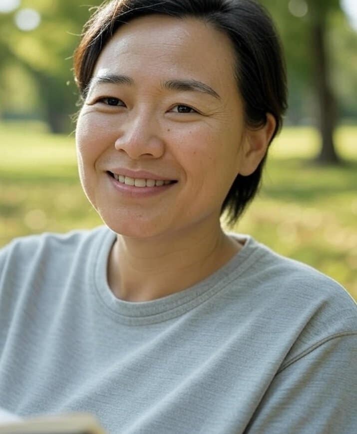 How to Care for Your Newborn in the First 30 Days: A woman with short dark hair is smiling warmly at the camera while seated outdoors in a park, wearing a grey sweatshirt, with soft sunlight filtering through the trees in the background.