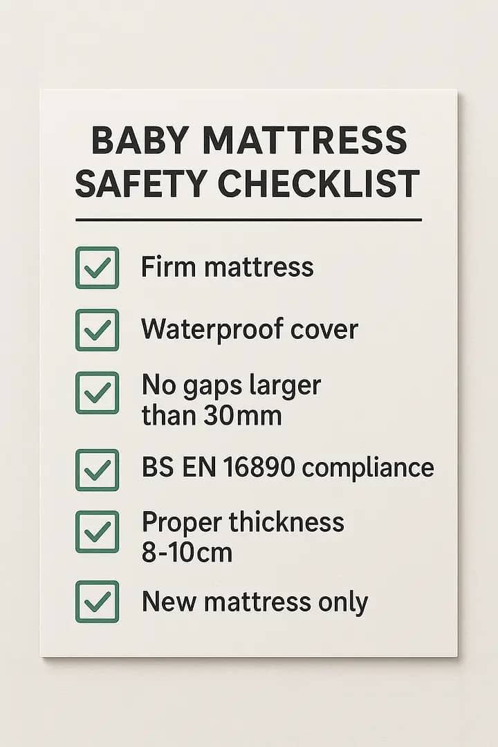 A checklist for baby mattress safety with the following points: firm mattress, waterproof cover, no gaps larger than 30mm, BS EN 16890 compliance, proper thickness of 8-10cm, and new mattress only. Each point is marked with a green check.