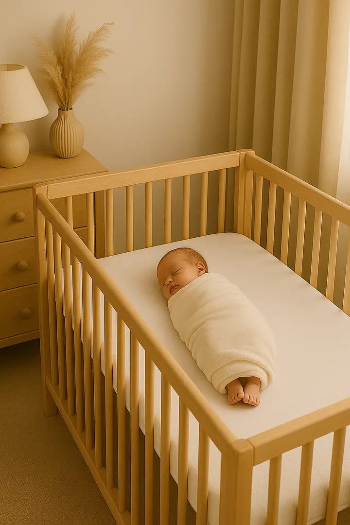 A peaceful sleeping baby wrapped in a cream-coloured blanket, lying in a wooden crib in a softly lit room with a beige wall, a lamp, and a decorative plant in a vase on a nearby dresser.