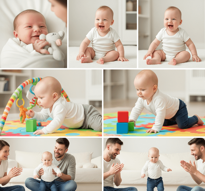 A montage of a baby in various joyful activities: in the top left, a smiling baby holds a soft toy; top middle, the baby sits and smiles at the camera; top right, the baby looks playful; middle left, crawling on a colourful playmat with toys; middle right, stacking colourful blocks; bottom left, the baby is sitting with two adults who are engaged and smiling; bottom right, the adults encourage the baby, clapping hands.