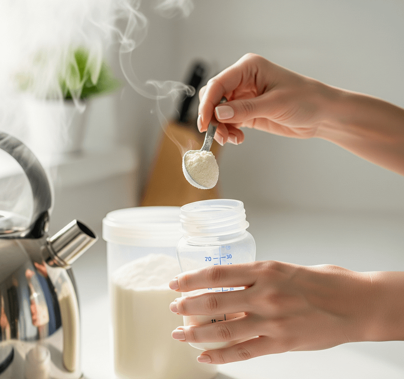 A person's hand holding a spoonful of white powder above a clear container filled with more powder, while a kettle emits steam in the background.