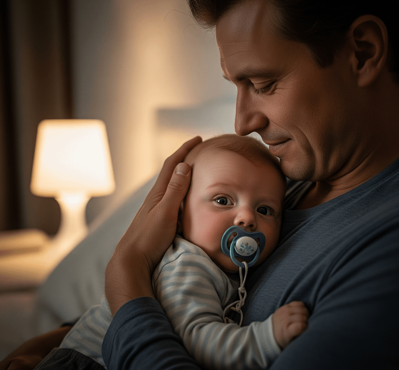 A father gently cradles his baby in a cozy, softly lit room, the baby, wearing a striped onesie and a pacifier, gazes curiously at the camera while the father smiles affectionately at them.