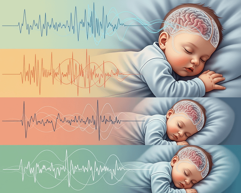 Illustration of a sleeping baby with a transparent brain showing different waveforms above its head, representing various sleep states, set against a gradient background with four distinct sections in different colors.