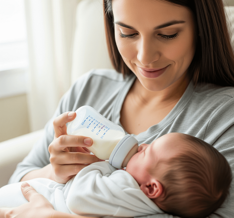 A mother lovingly feeding her baby with a bottle while sitting in a comfortable chair by a window, with soft light illuminating the scene.