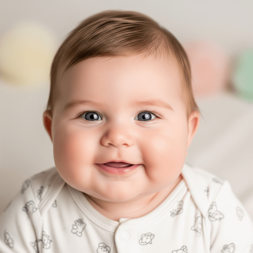 Baby Milestones:: A smiling baby with blue eyes and light brown hair, wearing a cream-coloured onesie with a subtle bear print, seated against a soft, neutral background with pastel-coloured decorations in the blurred background.