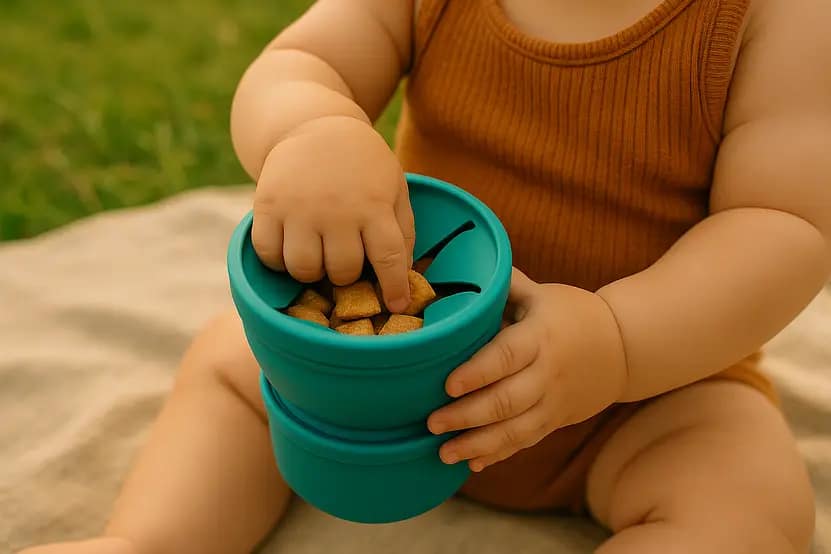 A baby in a brown onesie sits on a blanket, reaching into a turquoise bowl filled with snacks, with one hand grasping the snacks and the other resting on the bowl.