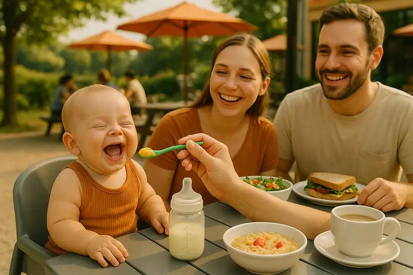 A joyful baby wearing an orange sleeveless top is sitting at a table, laughing widely as someone feeds them with a green spoon. Two adults, a man and a woman, sit nearby, smiling warmly. The table is set with a bottle, a bowl of oatmeal topped with fruit, a salad, a sandwich, and a cup of coffee. In the background, there are umbrellas and other people dining.