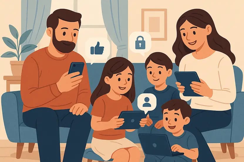 Sharenting: A family of four sits together on a couch in a cosy living room, each engaged with their devices: the father and daughter using phones, while the mother and two sons use tablets. Various icons representing social media interactions, such as a thumbs-up and a lock, appear around them, emphasizing a modern, digital lifestyle.