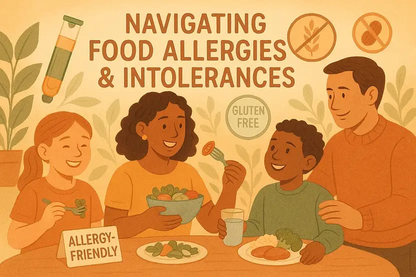 An illustration showing four people at a table enjoying a meal, promoting food allergies and intolerances awareness. The table has various allergy-friendly foods, and there are texts indicating 'GLUTEN FREE' and 'ALLERGY-FRIENDLY'. The background features symbols representing allergens.