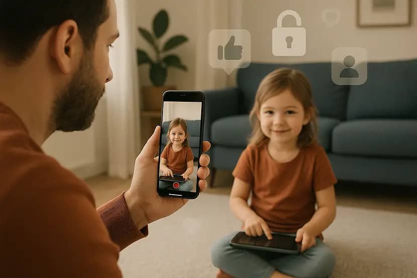 A man takes a selfie of himself with a young girl who is smiling at him while sitting on the floor, with a sofa in the background; the phone screen displays the girl's image along with various social media icons overlaying the scene.