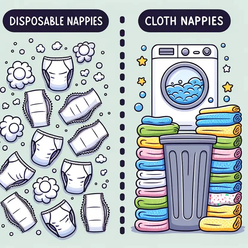 A graphic comparing disposable nappies on the left side, featuring various nappy designs and cloud icons, with cloth nappies on the right, including a washing machine and neatly stacked colourful cloth nappies next to a bin.