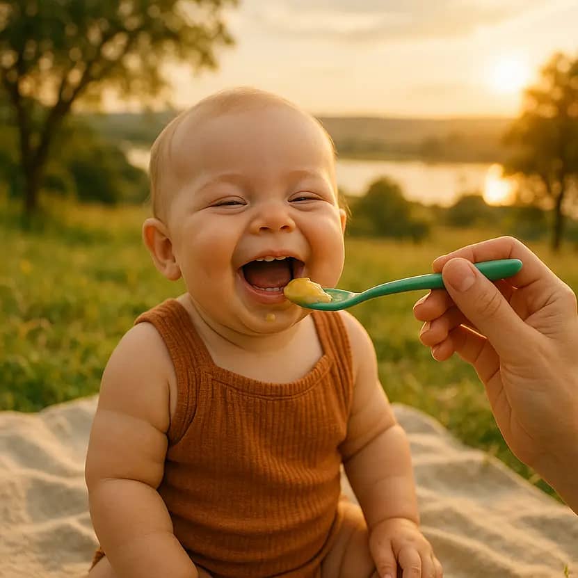 A smiling baby sits on a blanket in a grassy field during sunset, with a hand feeding the baby using a green spoon.