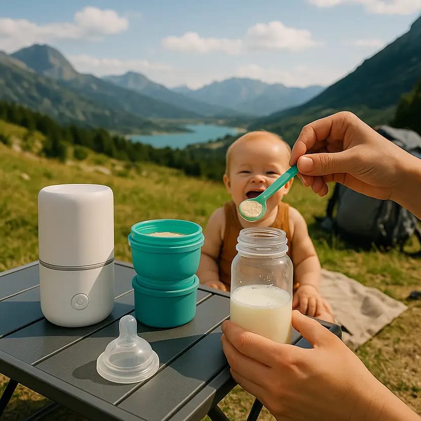 Parents Travel Guide - Safe Feeding for Babies: A hand holds a spoonful of powdered formula above a bottle of milk on a picnic table, with a smiling baby in a brown outfit in the background, surrounded by a scenic mountain landscape and a lake.