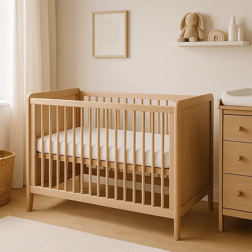 A wooden crib with vertical slats and a white mattress inside, positioned near a window with sheer curtains. A soft toy bunny is placed on a floating shelf above, alongside decorative items. A wheeled dresser with round knobs is on the right side of the image.