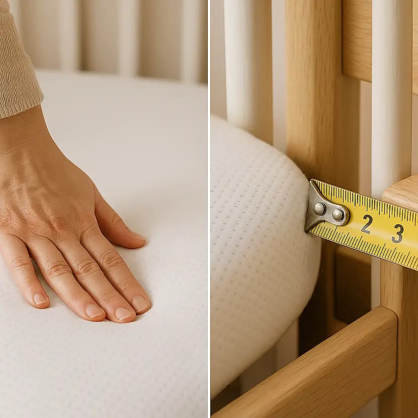 A close-up of a hand resting on a soft mattress in one image, and in the second image, a tape measure is positioned alongside the mattress edge, indicating a measurement against the frame of a crib.