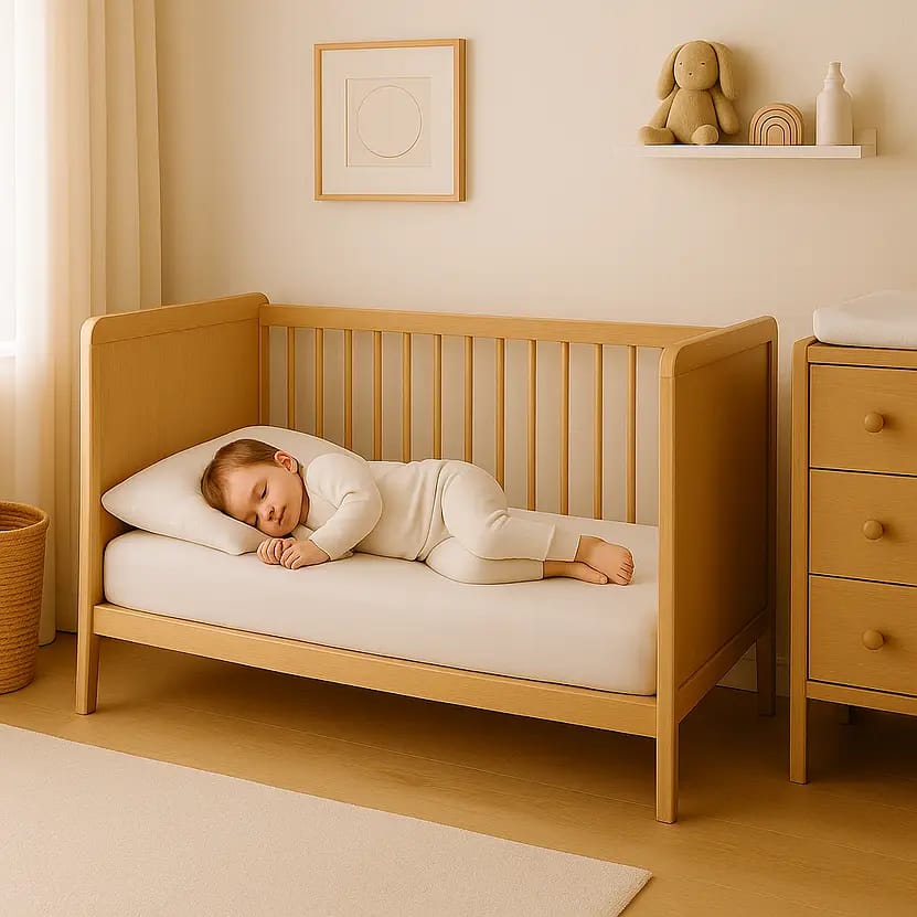 What to Look for in a Cot: A young child sleeps peacefully in a light wood crib, dressed in a soft, white outfit. The room has light, neutral tones with soft curtains and a wall-mounted shelf displaying a plush toy and decorative items. A small dresser is visible beside the crib.